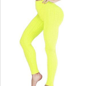 Women’s Leggings/High Waisted Yoga Pants Textured Neon Yellow Fabric Size S NEW